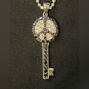 925 Sterling Silver Polished Black and Clear CZ Peace Sign Key Pendant Necklace